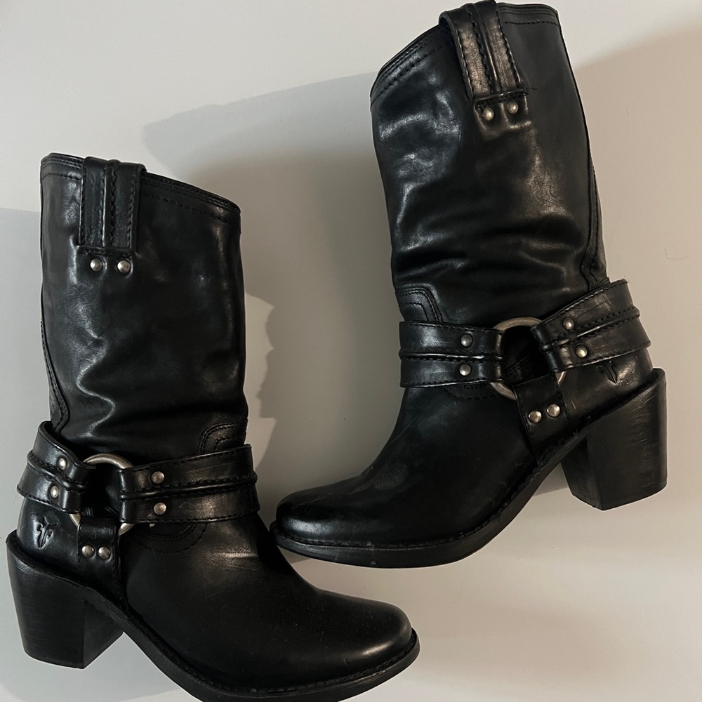 Frye Black Leather Moto Pull On Boots
